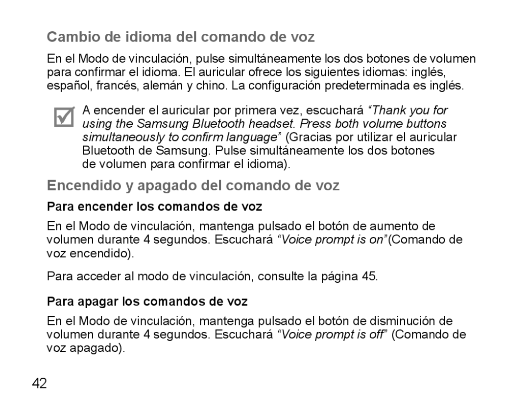 Samsung BHS3000EBECXEE, BHS3000EBECXEF manual Cambio de idioma del comando de voz, Encendido y apagado del comando de voz 