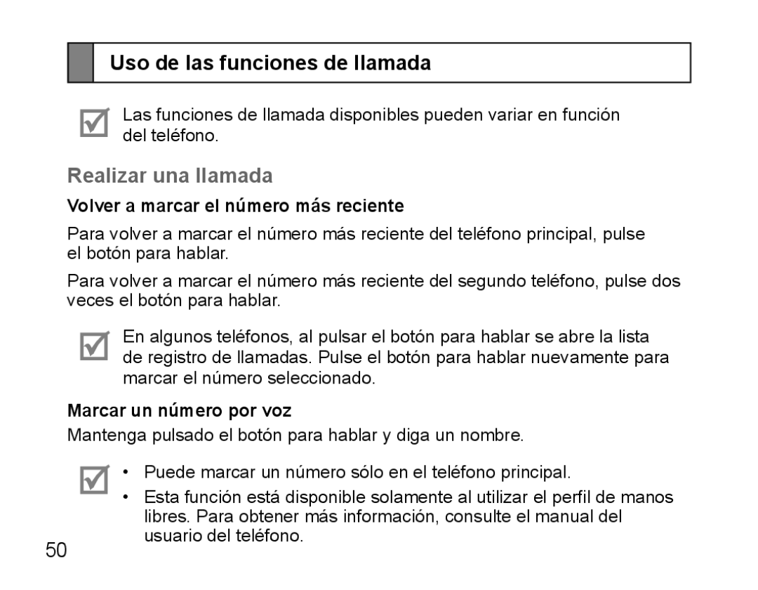 Samsung BHS3000EMECXET manual Uso de las funciones de llamada, Realizar una llamada, Volver a marcar el número más reciente 