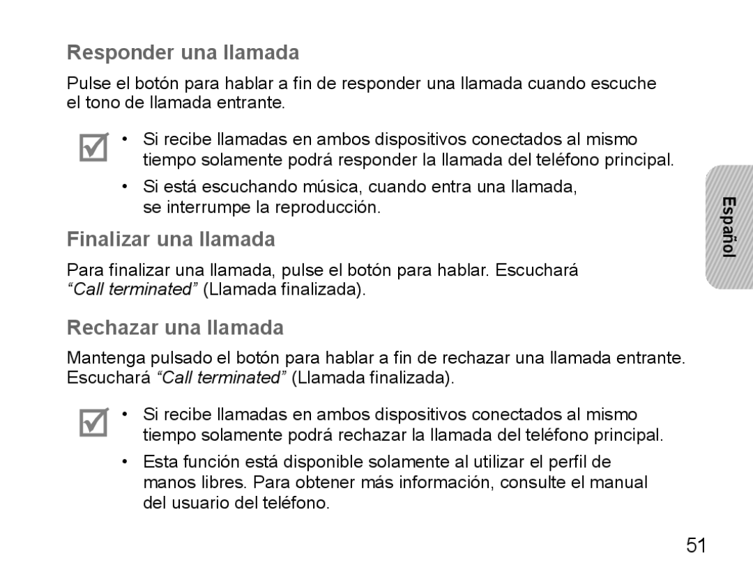 Samsung BHS3000EBECXET, BHS3000EBECXEF, BHS3000EMECXET Responder una llamada, Finalizar una llamada, Rechazar una llamada 