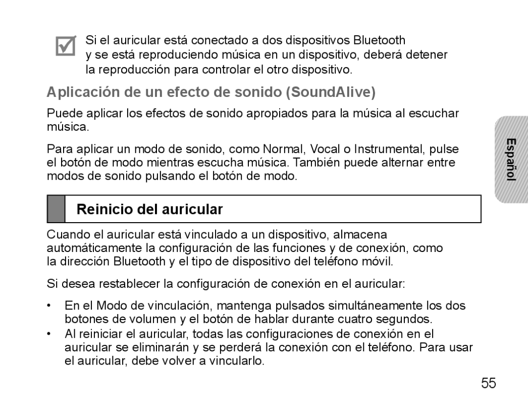 Samsung BHS3000EMLCFOP, BHS3000EBECXEF, BHS3000EMECXET Aplicación de un efecto de sonido SoundAlive, Reinicio del auricular 