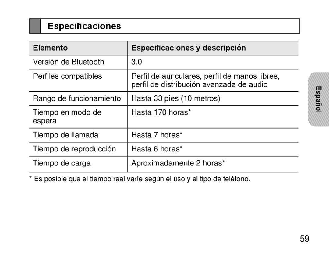 Samsung BHS3000EBECXEE, BHS3000EBECXEF, BHS3000EMECXET, BHS3000EBECXET manual Elemento Especificaciones y descripción 