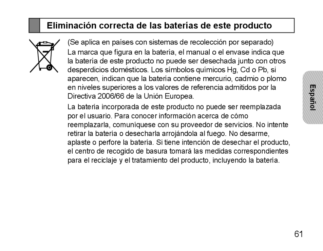 Samsung BHS3000EPECEUR, BHS3000EBECXEF, BHS3000EMECXET, BHS3000EBECXET Eliminación correcta de las baterías de este producto 