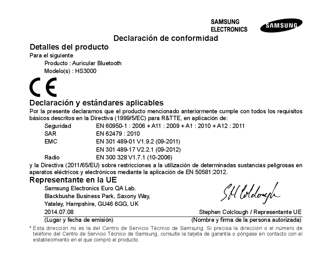 Samsung BHS3000EMECEUR manual Declaración de conformidad Detalles del producto, Declaración y estándares aplicables 