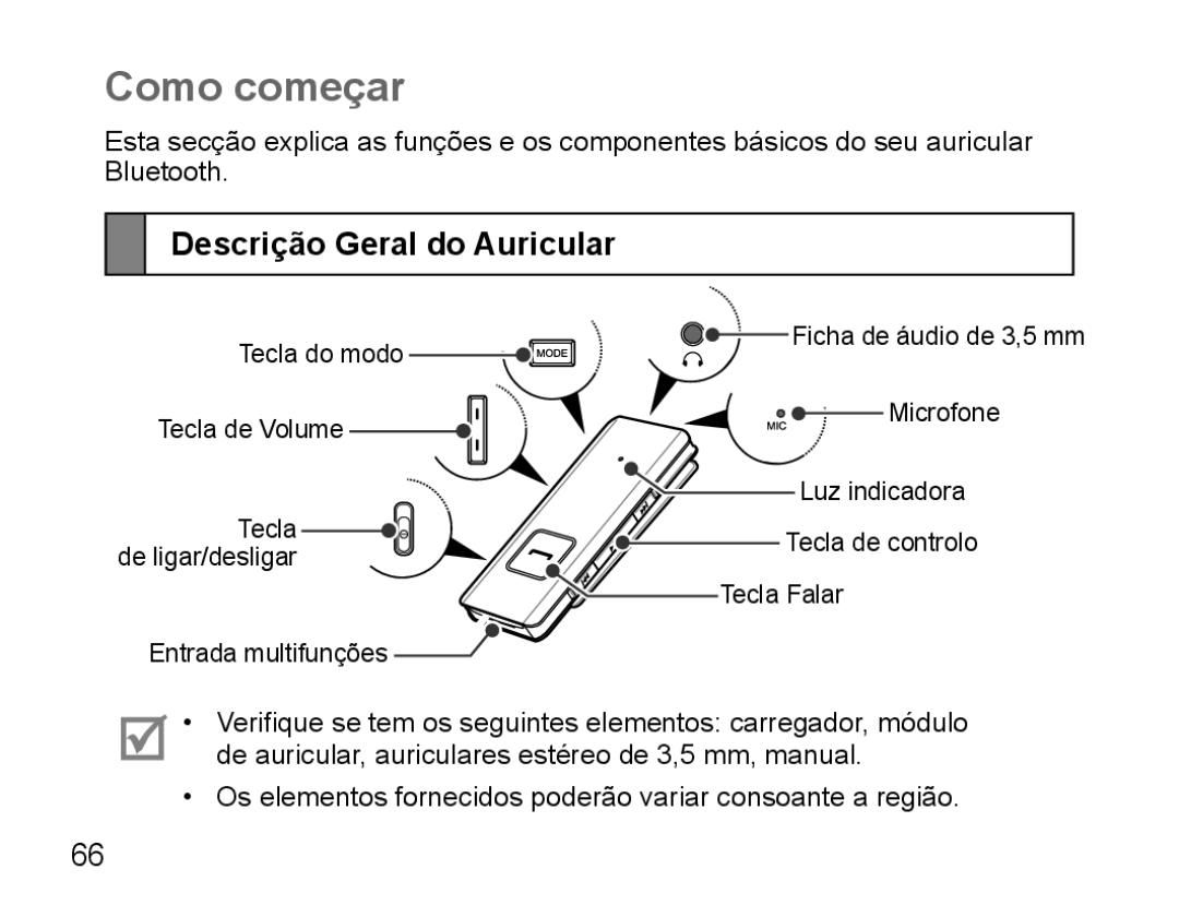 Samsung BHS3000EBECXEF, BHS3000EMECXET, BHS3000EBECXET, BHS3000EPECXET manual Como começar, Descrição Geral do Auricular 