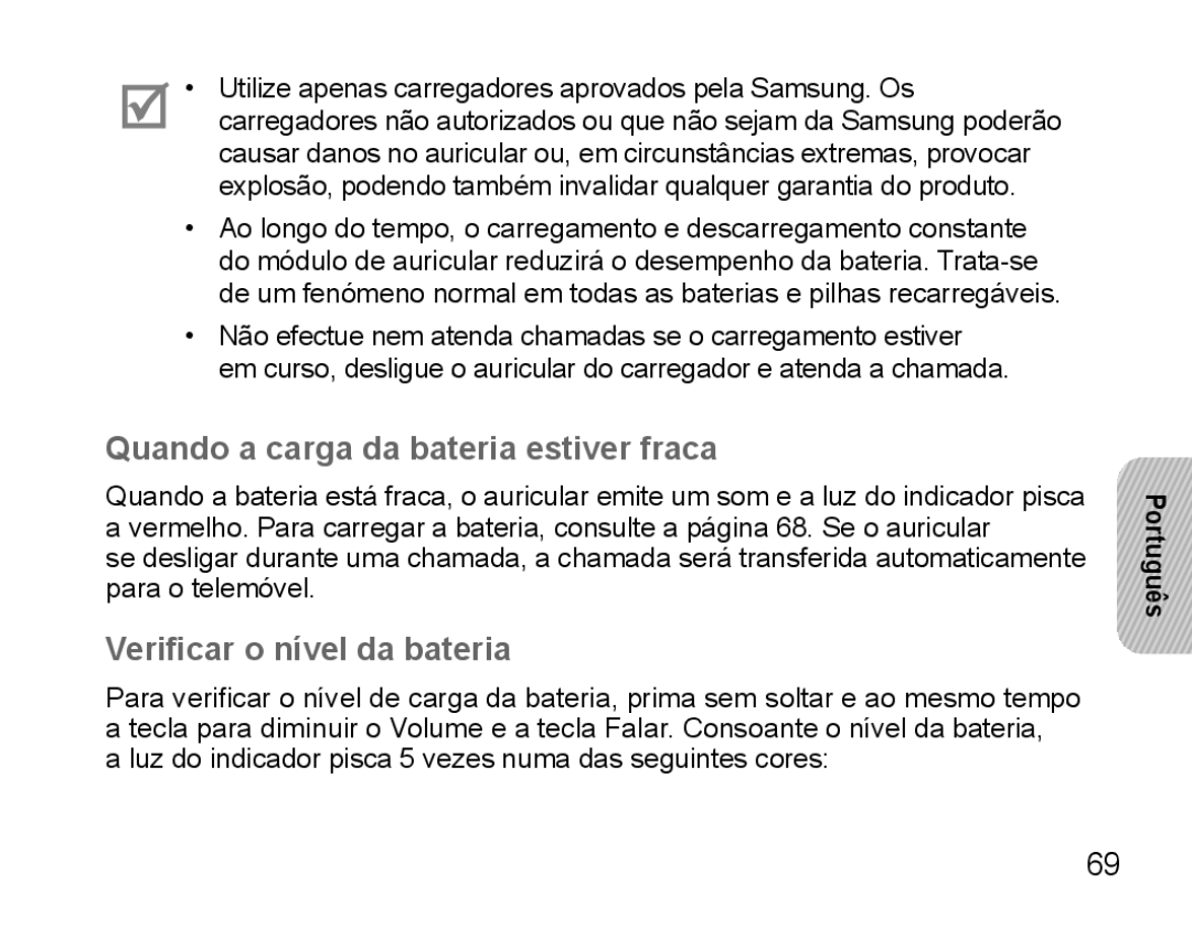 Samsung BHS3000EPECXET, BHS3000EBECXEF manual Quando a carga da bateria estiver fraca, Verificar o nível da bateria 