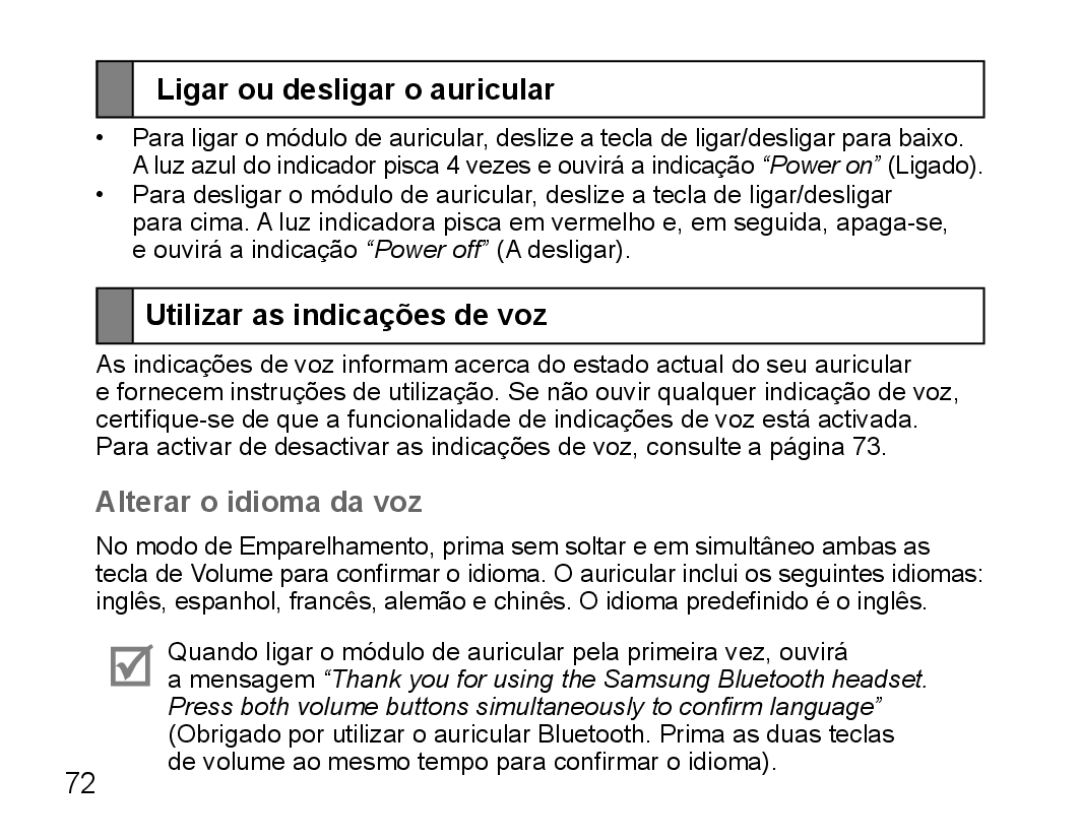 Samsung BHS3000EMLCFOP manual Ligar ou desligar o auricular, Utilizar as indicações de voz, Alterar o idioma da voz 