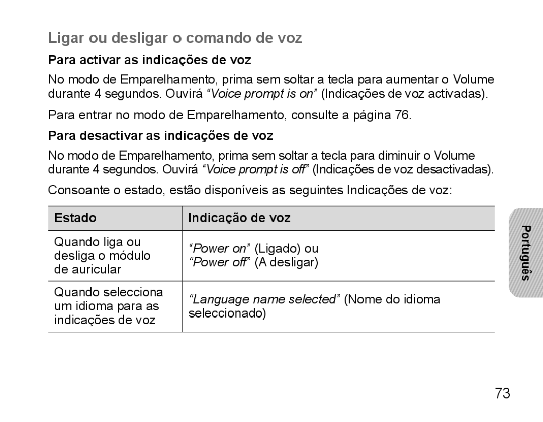 Samsung BHS3000EPECXEH Ligar ou desligar o comando de voz, Para activar as indicações de voz, Estado Indicação de voz 