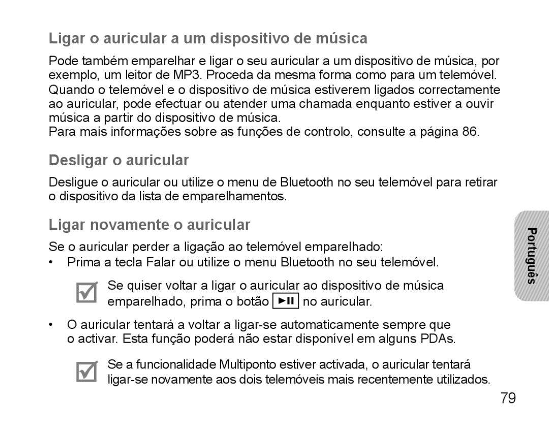 Samsung BHS3000EMECEUR Ligar o auricular a um dispositivo de música, Desligar o auricular, Ligar novamente o auricular 