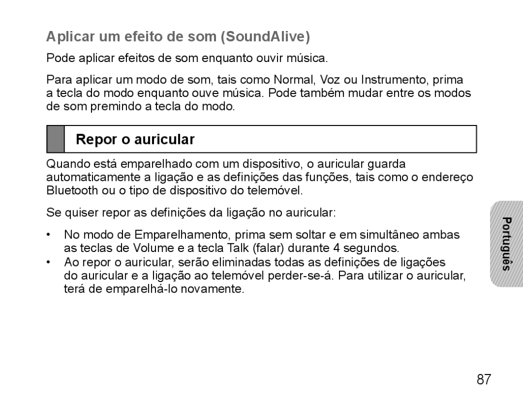 Samsung BHS3000EBLCFOP, BHS3000EBECXEF, BHS3000EMECXET manual Aplicar um efeito de som SoundAlive, Repor o auricular 