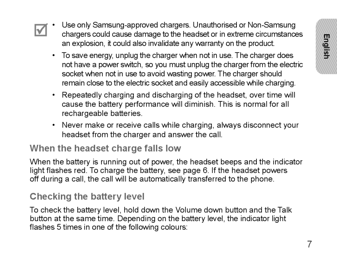 Samsung BHS3000EBECXEH, BHS3000EBECXEF, BHS3000EMECXET manual When the headset charge falls low, Checking the battery level 