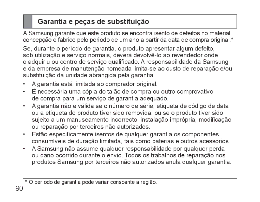 Samsung BHS3000EPECXEH, BHS3000EBECXEF, BHS3000EMECXET, BHS3000EBECXET, BHS3000EPECXET manual Garantia e peças de substituição 