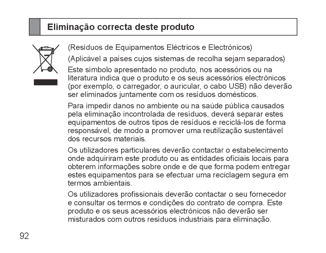 Samsung BHS3000EBECXEH, BHS3000EBECXEF, BHS3000EMECXET, BHS3000EBECXET, BHS3000EPECXET manual Eliminação correcta deste produto 