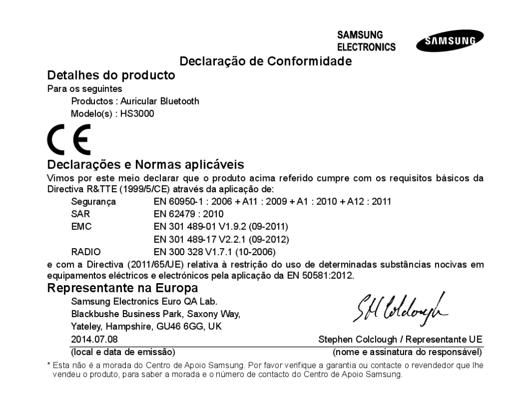 Samsung BHS3000EBECSEB, BHS3000EBECXEF Declaração de Conformidade Detalhes do producto, Declarações e Normas aplicáveis 