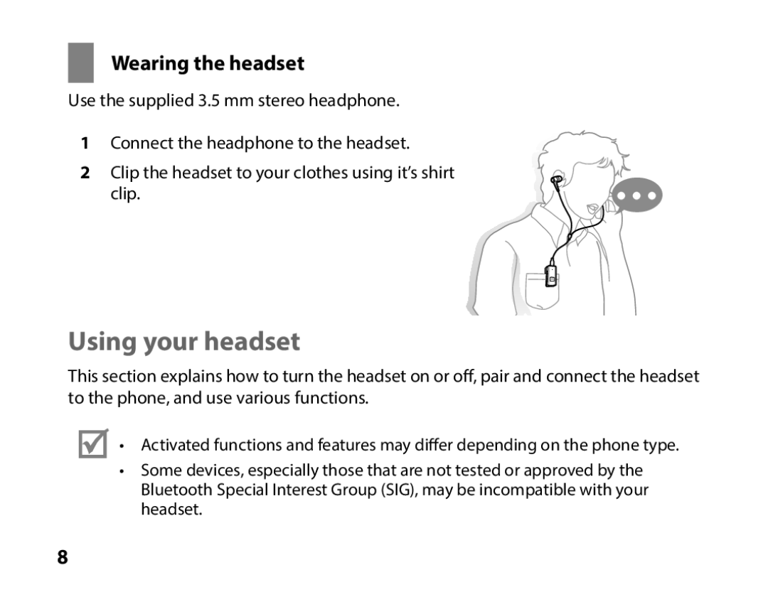 Samsung BHS3000EBECXEE, BHS3000EBECXEF, BHS3000EMECXET, BHS3000EBECXET manual Using your headset, Wearing the headset 