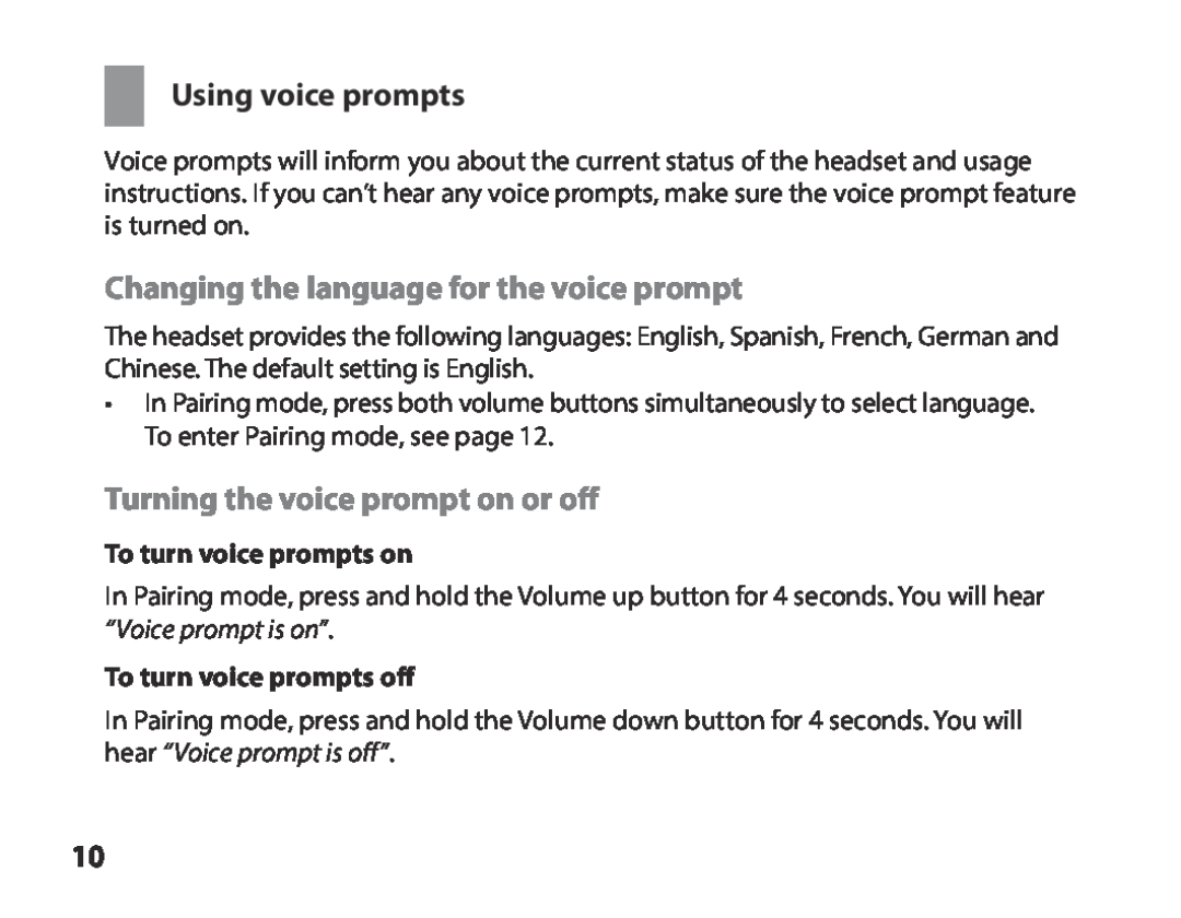Samsung BHS3000EPECEUR Using voice prompts, Changing the language for the voice prompt, Turning the voice prompt on or off 