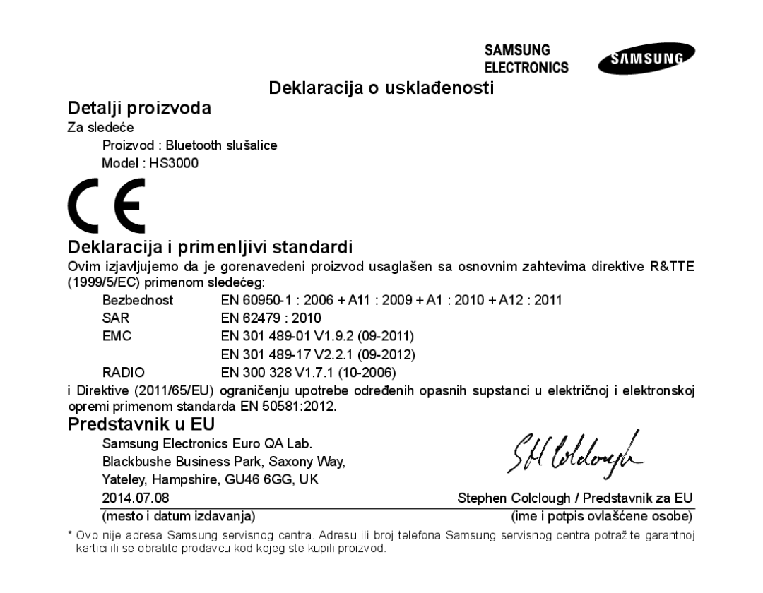 Samsung BHS3000EBLCFOP Deklaracija o usklađenosti Detalji proizvoda, Deklaracija i primenljivi standardi, Predstavnik u EU 