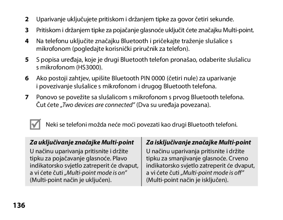 Samsung BHS3000EBECXET, BHS3000EBECXEF manual Za uključivanje značajke Multi-point, Za isključivanje značajke Multi-point 