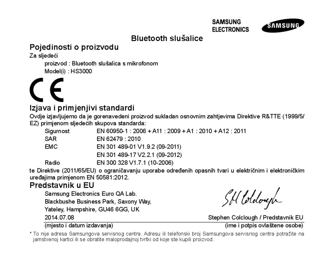 Samsung BHS3000EBECXEF manual Bluetooth slušalice Pojedinosti o proizvodu, Izjava i primjenjivi standardi, Predstavnik u EU 