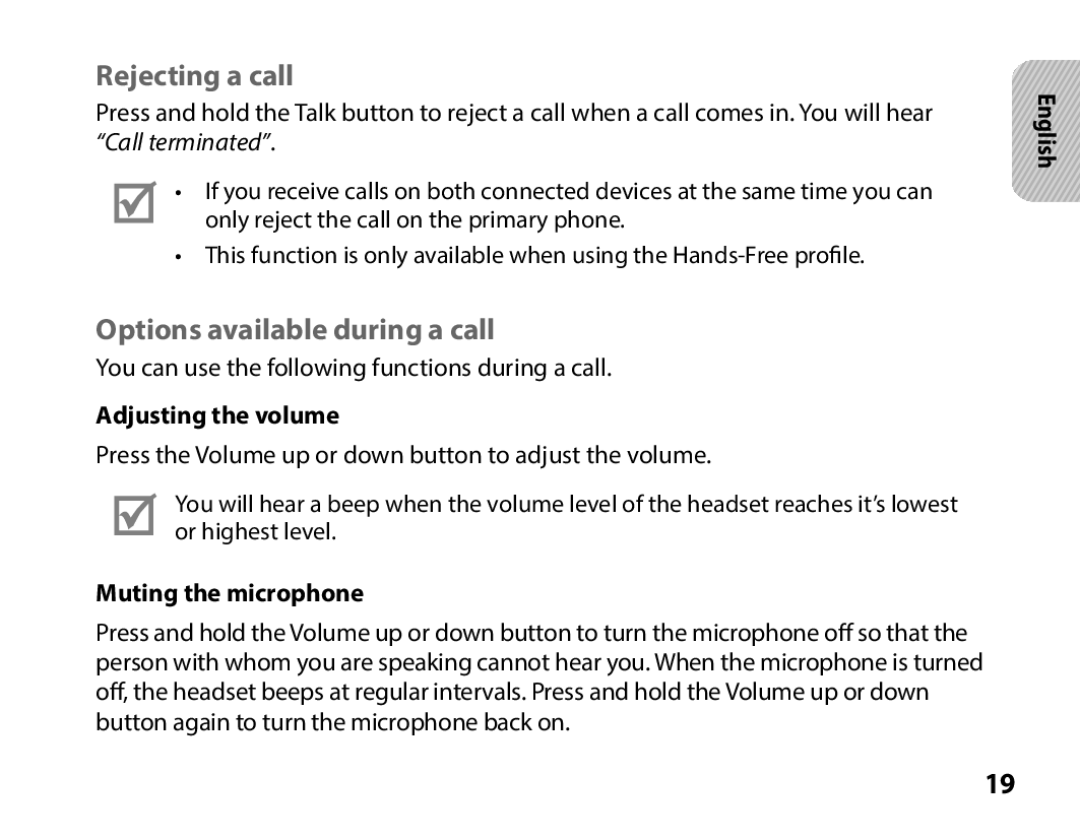 Samsung BHS3000EBLCFOP Rejecting a call, Options available during a call, Adjusting the volume, Muting the microphone 