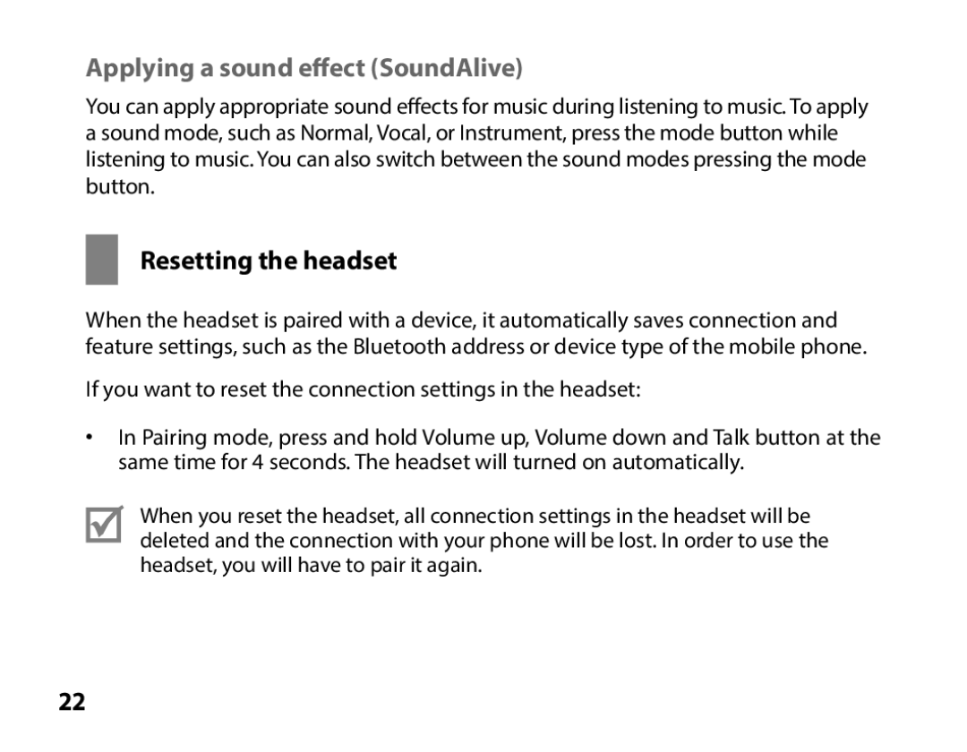Samsung BHS3000EPECXEH, BHS3000EBECXEF, BHS3000EMECXET manual Applying a sound effect SoundAlive, Resetting the headset 
