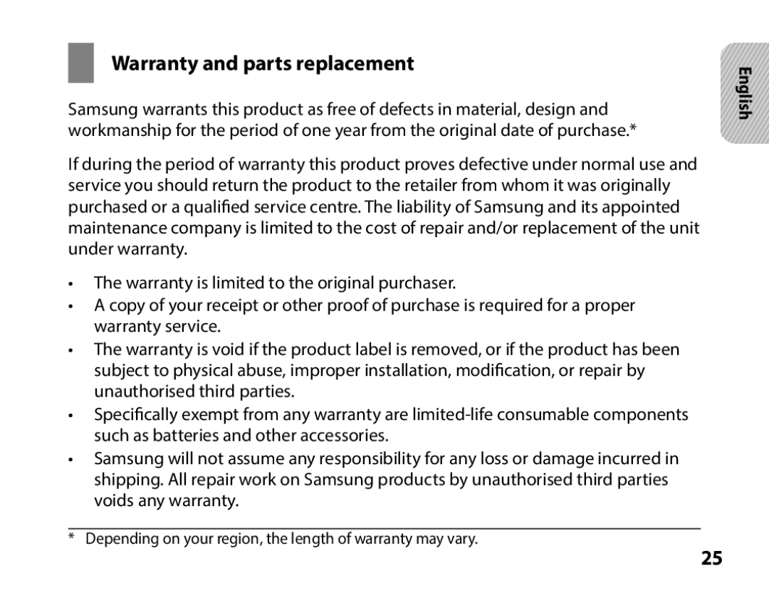 Samsung BHS3000EBECXEE, BHS3000EBECXEF, BHS3000EMECXET, BHS3000EBECXET, BHS3000EPECXET manual Warranty and parts replacement 