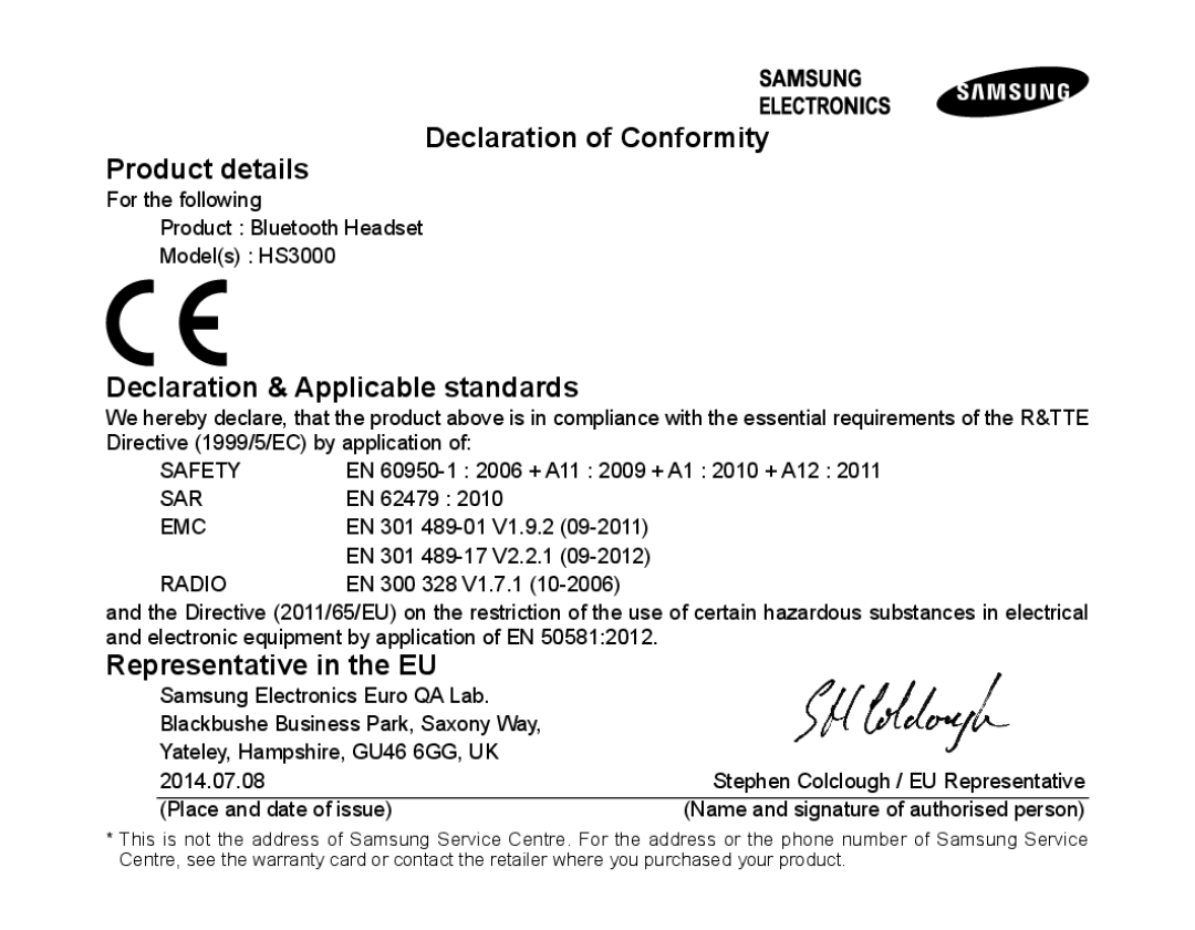 Samsung BHS3000EBECEUR, BHS3000EBECXEF manual Declaration of Conformity Product details, Declaration & Applicable standards 
