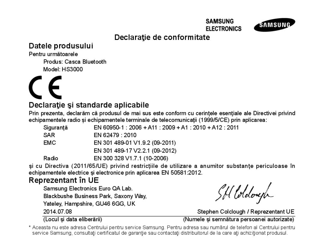 Samsung BHS3000EBECXEE, BHS3000EBECXEF Declaraţie de conformitate Datele produsului, Declaraţie şi standarde aplicabile 