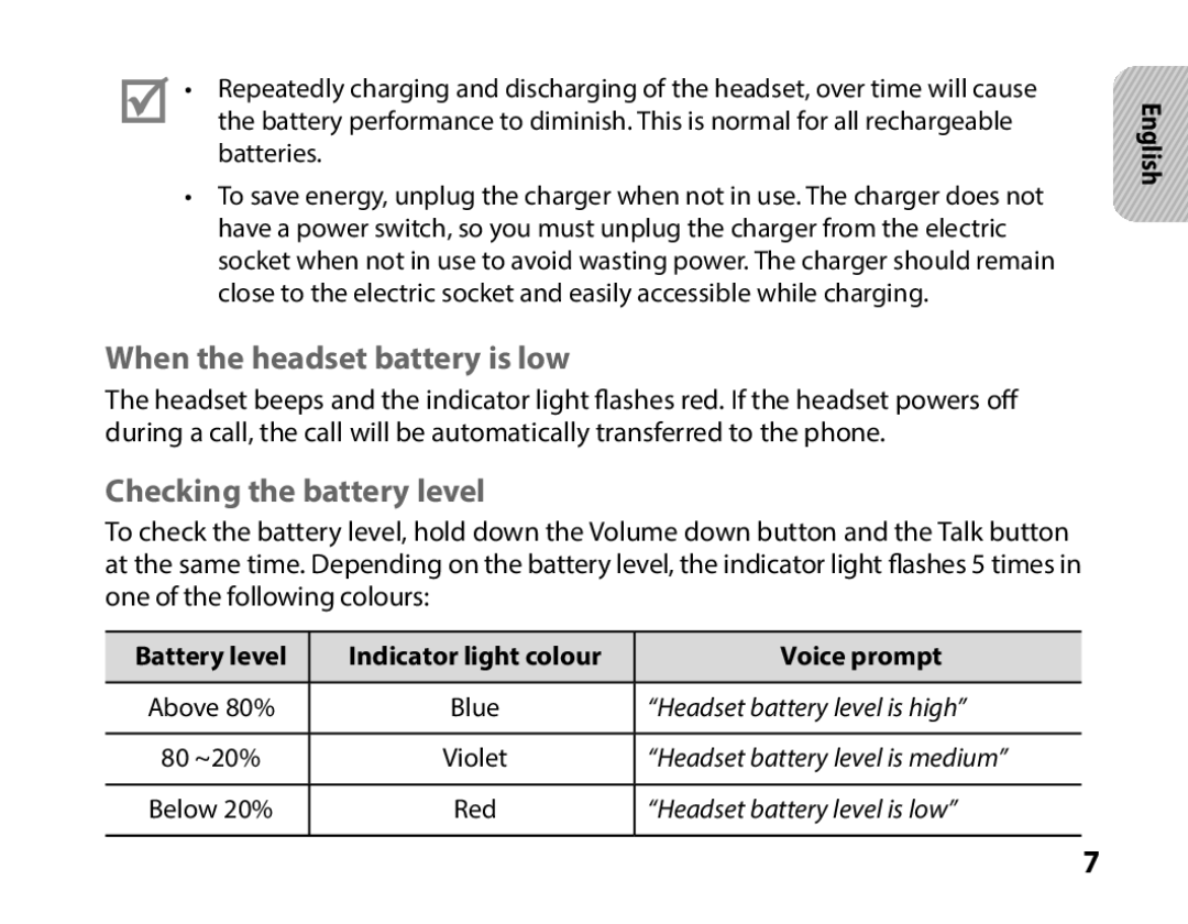 Samsung BHS3000EBECXEH manual When the headset battery is low, Checking the battery level, “Headset battery level is high” 