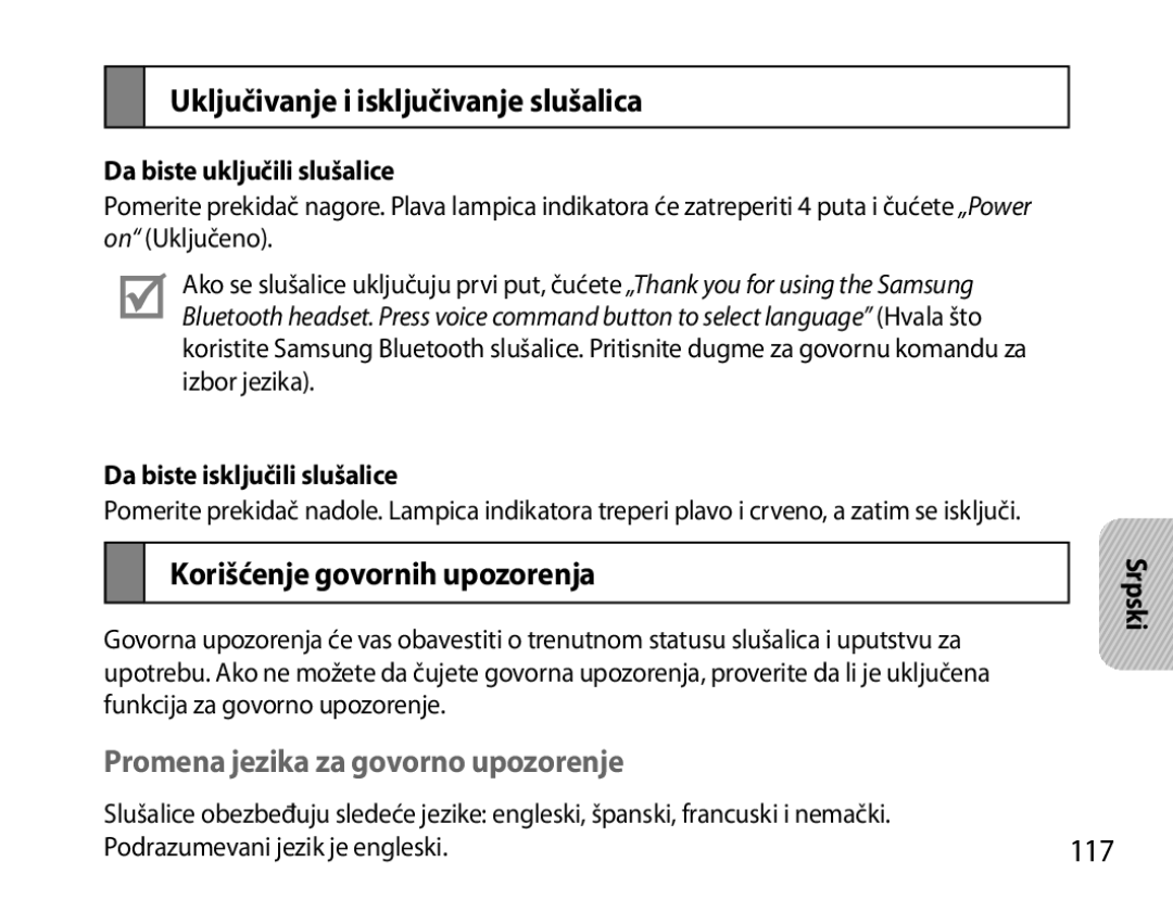 Samsung BHS6000EMECXEH, BHS6000EBECXEF manual Uključivanje i isključivanje slušalica, Korišćenje govornih upozorenja, 117 