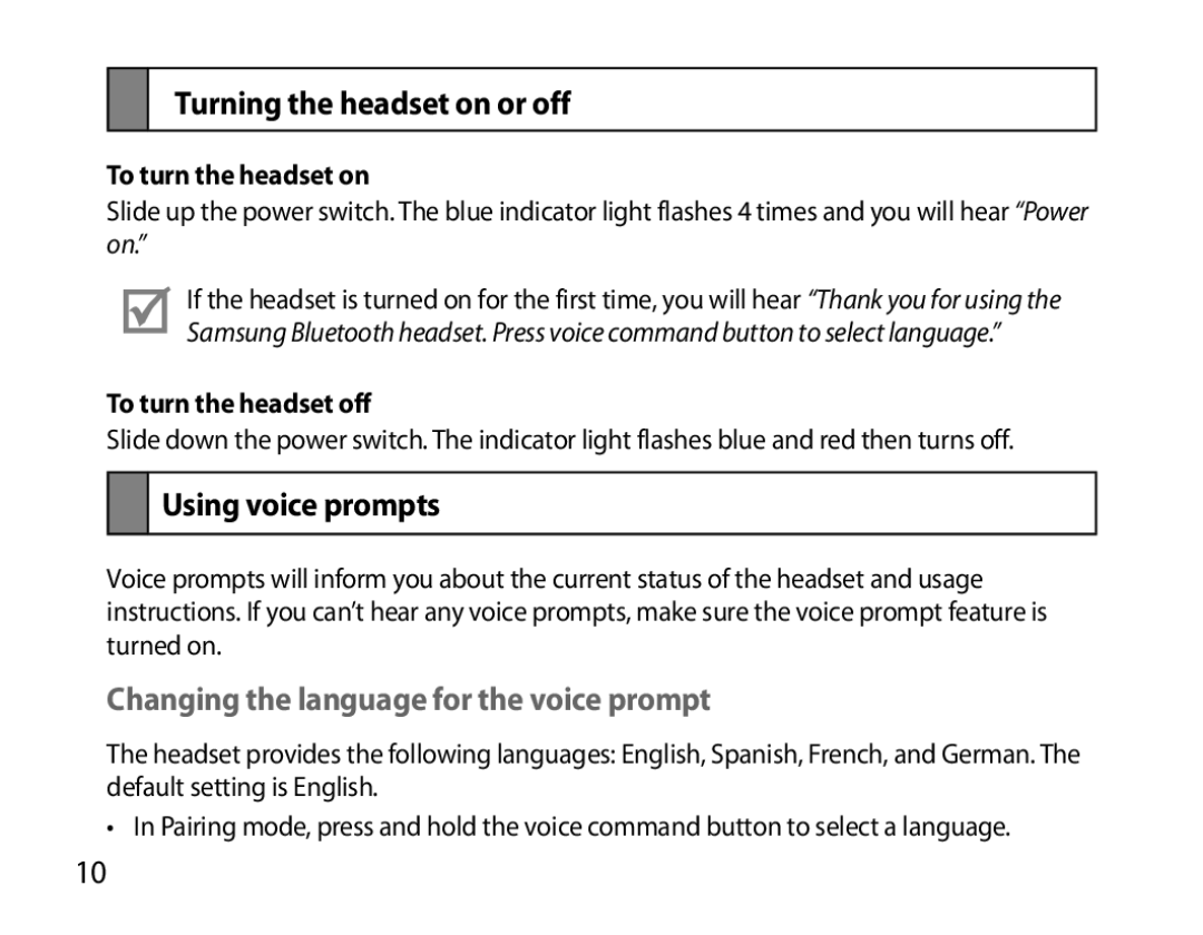 Samsung BHS6000EBECXEE Turning the headset on or off, Using voice prompts, Changing the language for the voice prompt 