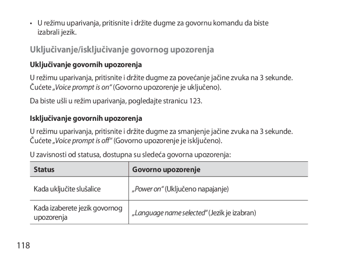 Samsung BHS6000EBECXEF manual Uključivanje/isključivanje govornog upozorenja, 118, Uključivanje govornih upozorenja 