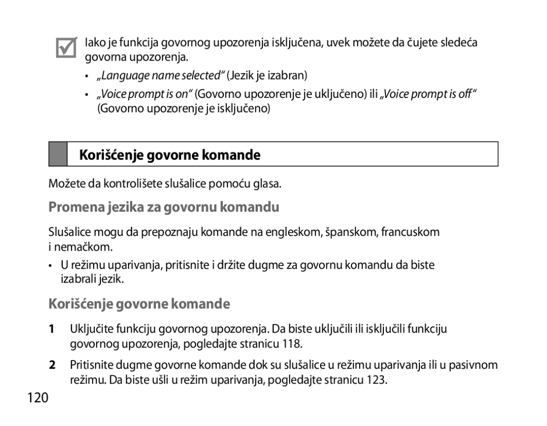 Samsung BHS6000EBECCRO, BHS6000EBECXEF, BHS6000EBECFOP Korišćenje govorne komande, Promena jezika za govornu komandu, 120 