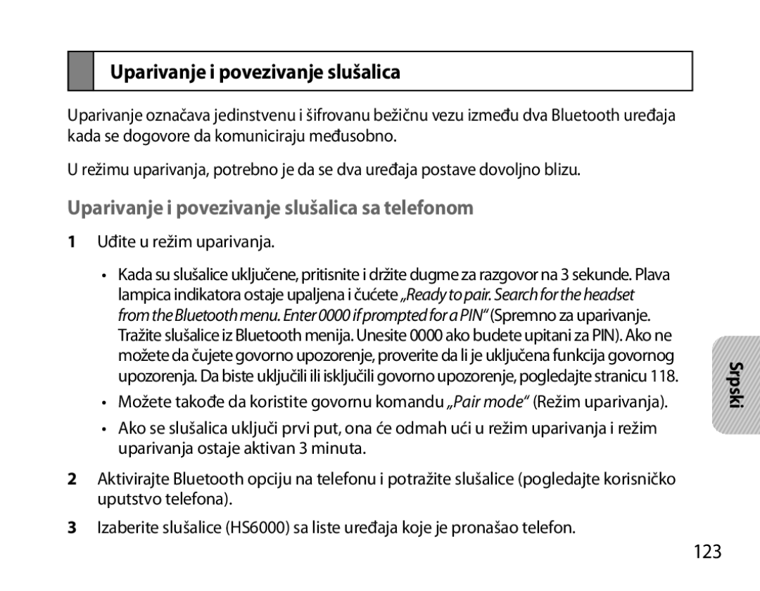 Samsung BHS6000EBECHAT, BHS6000EBECXEF, BHS6000EBECFOP manual Uparivanje i povezivanje slušalica sa telefonom, 123 