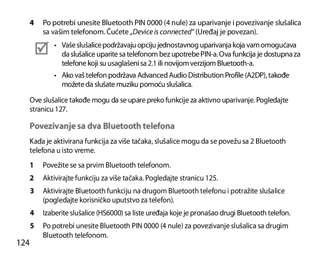 Samsung BHS6000EPECXEH, BHS6000EBECXEF, BHS6000EBECFOP, BHS6000EBECCRO manual Povezivanje sa dva Bluetooth telefona, 124 