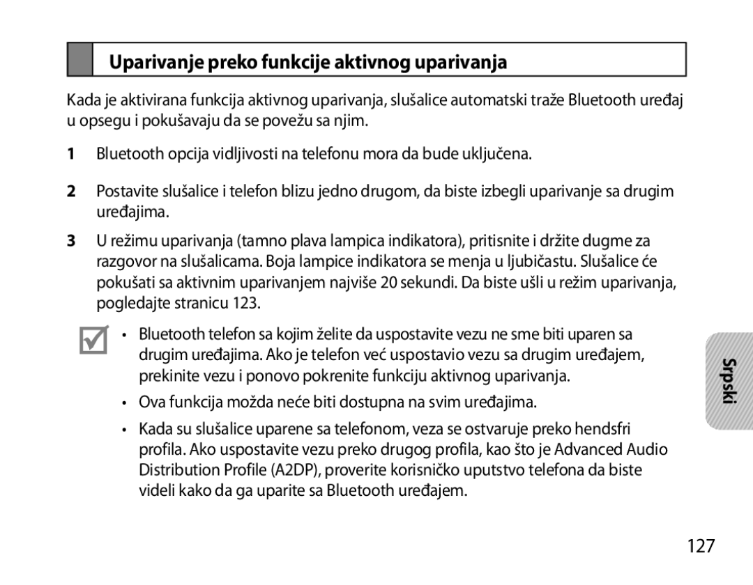 Samsung BHS6000EBECFOP, BHS6000EBECXEF, BHS6000EBECCRO, BHS6000EBECXEH Uparivanje preko funkcije aktivnog uparivanja, 127 