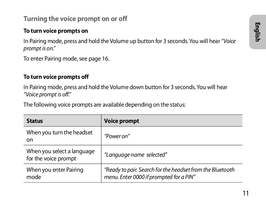 Samsung BHS6000EBECHAT manual Turning the voice prompt on or off, To turn voice prompts on, To turn voice prompts off 