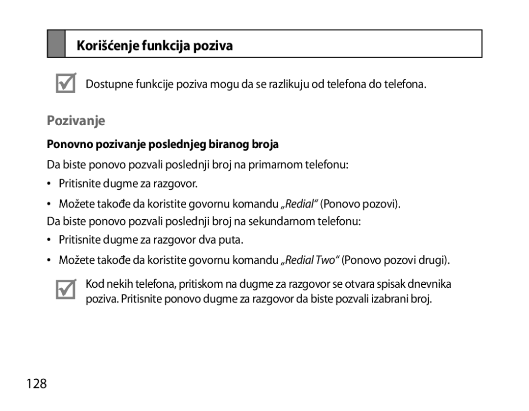 Samsung BHS6000EBECCRO manual Korišćenje funkcija poziva, Pozivanje, 128, Ponovno pozivanje poslednjeg biranog broja 