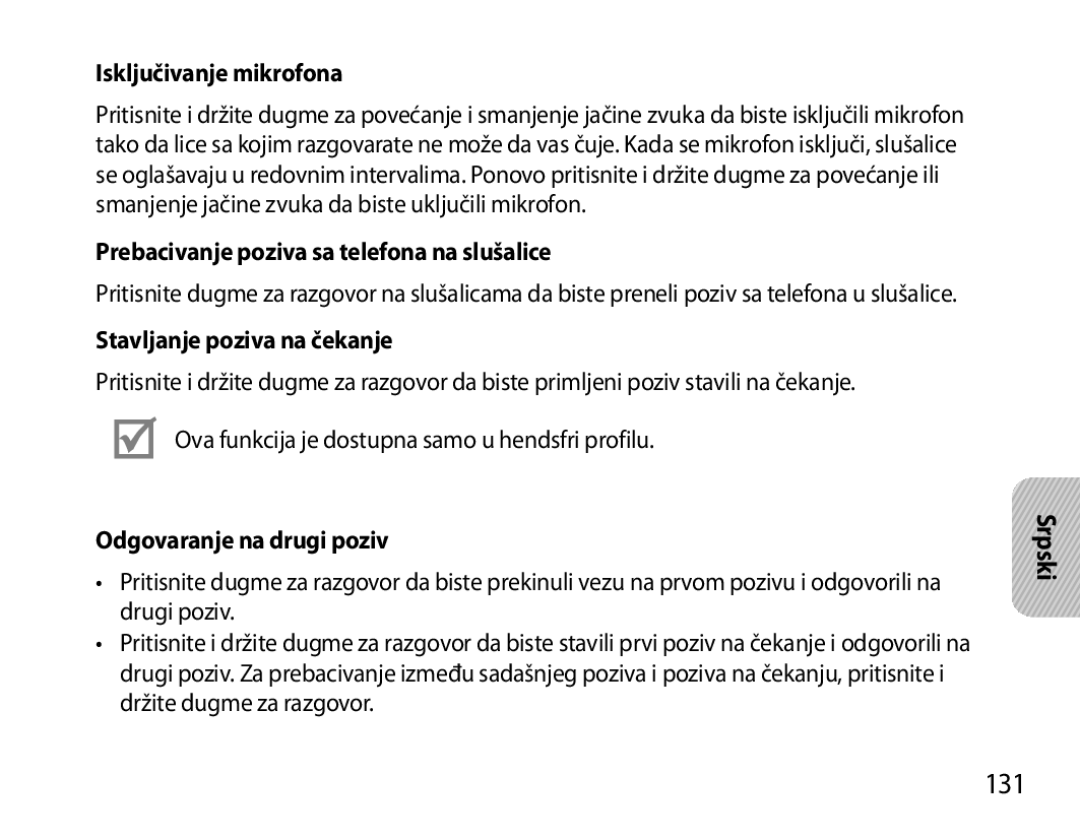 Samsung BHS6000EBECHAT, BHS6000EBECXEF manual 131, Isključivanje mikrofona, Prebacivanje poziva sa telefona na slušalice 