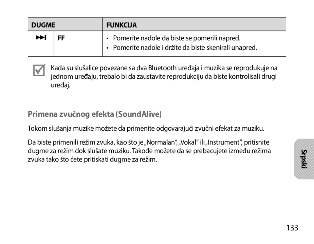 Samsung BHS6000EMECXEH, BHS6000EBECXEF Primena zvučnog efekta SoundAlive, 133, Pomerite nadole da biste se pomerili napred 