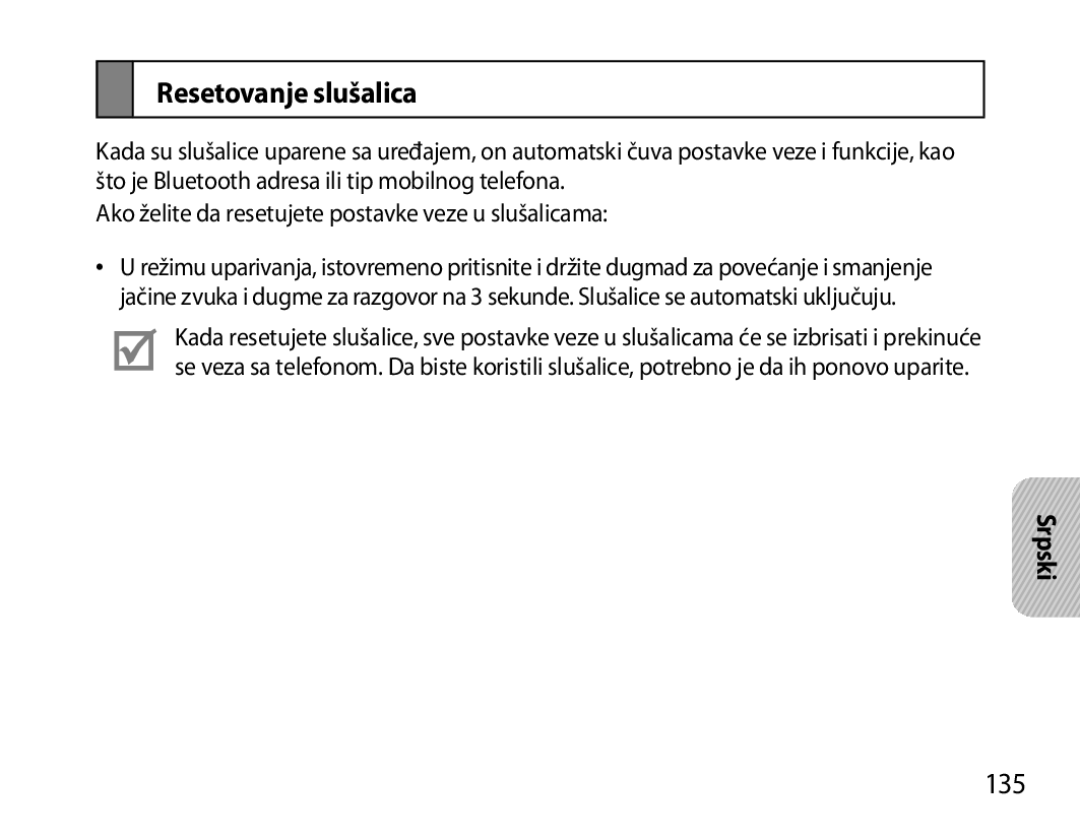 Samsung BHS6000EBECFOP, BHS6000EBECXEF, BHS6000EBECCRO, BHS6000EBECXEH, BHS6000EBECXEE manual Resetovanje slušalica, 135 