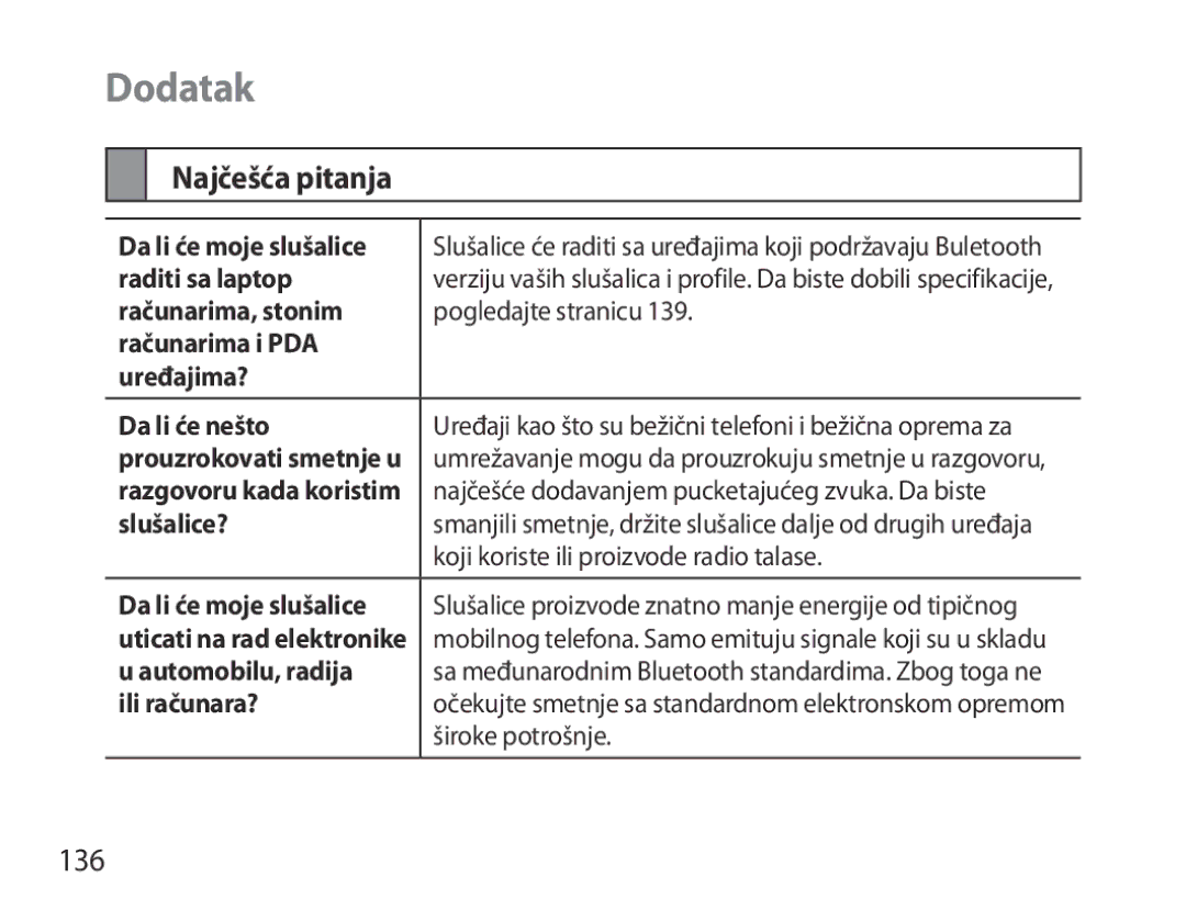 Samsung BHS6000EBECCRO, BHS6000EBECXEF, BHS6000EBECFOP, BHS6000EBECXEH, BHS6000EBECXEE manual Dodatak, Najčešća pitanja, 136 