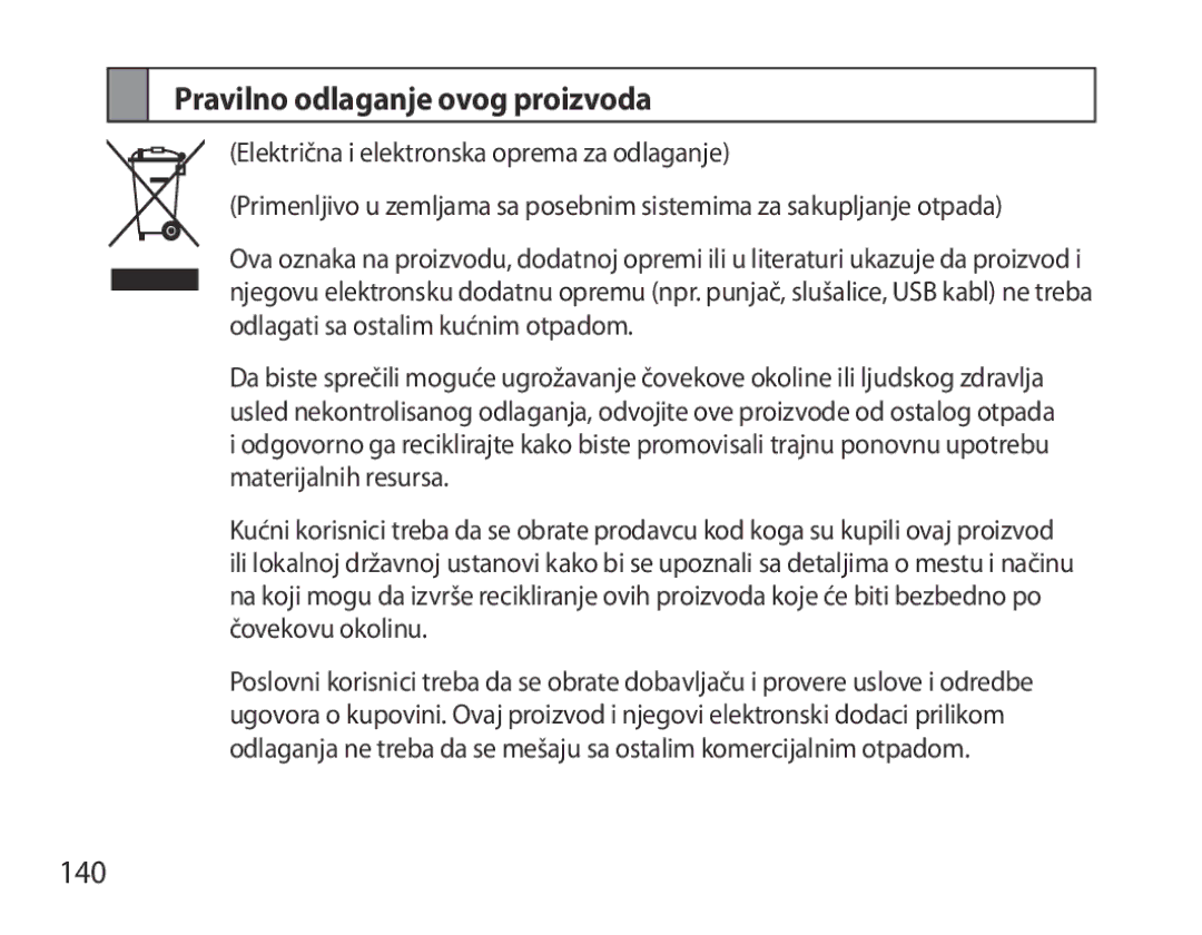 Samsung BHS6000EPECXEH, BHS6000EBECXEF, BHS6000EBECFOP, BHS6000EBECCRO, BHS6000EBECXEH Pravilno odlaganje ovog proizvoda, 140 