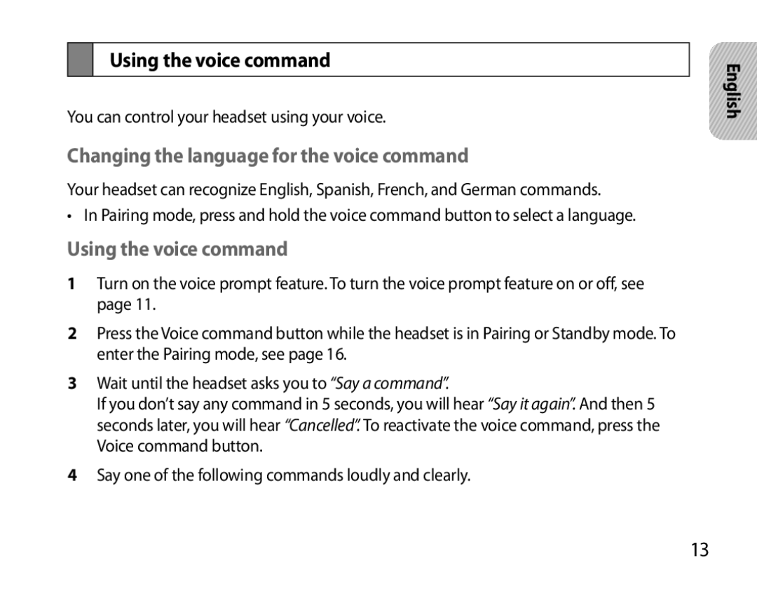 Samsung BHS6000EMECXEH, BHS6000EBECXEF, BHS6000EBECFOP Using the voice command, Changing the language for the voice command 