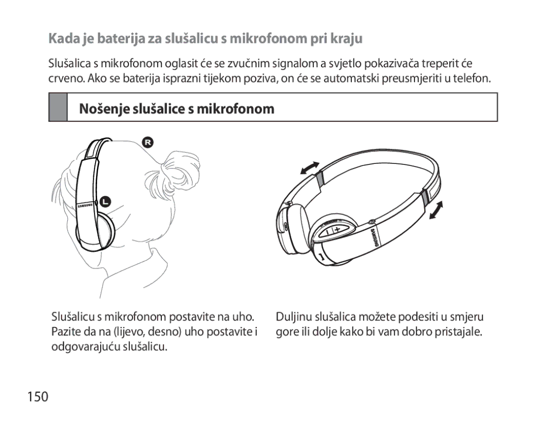 Samsung BHS6000EBECXEF manual Kada je baterija za slušalicu s mikrofonom pri kraju, Nošenje slušalice s mikrofonom, 150 