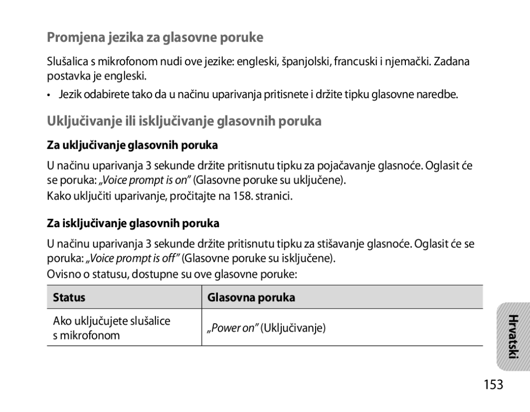 Samsung BHS6000EBECXEH manual Promjena jezika za glasovne poruke, Uključivanje ili isključivanje glasovnih poruka, 153 