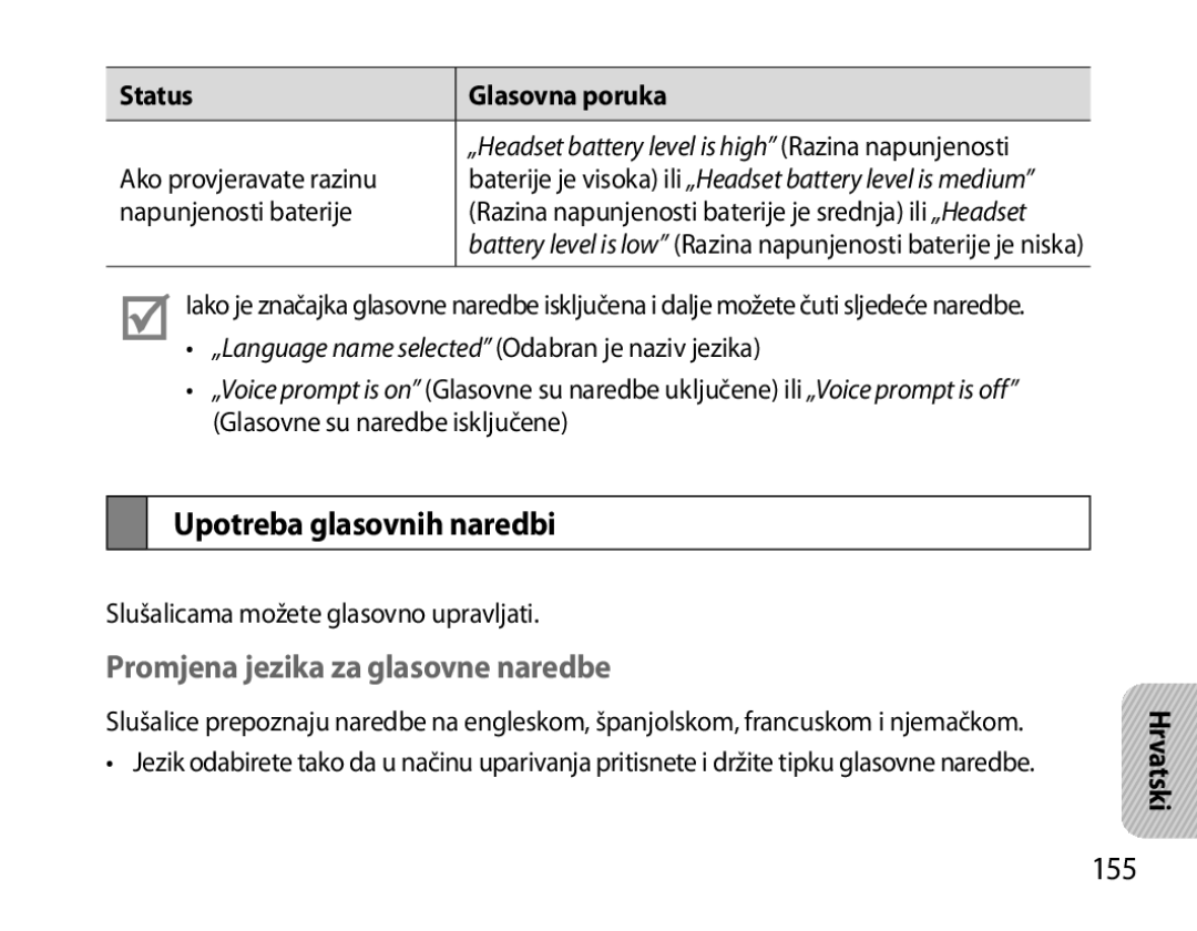 Samsung BHS6000EBECHAT manual Upotreba glasovnih naredbi, Promjena jezika za glasovne naredbe, 155, Status Glasovna poruka 