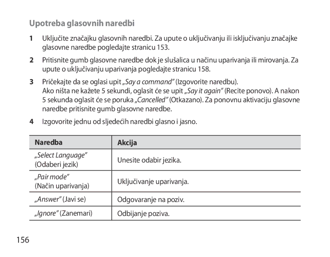 Samsung BHS6000EPECXEH, BHS6000EBECXEF, BHS6000EBECFOP, BHS6000EBECCRO manual Upotreba glasovnih naredbi, 156, Naredba Akcija 