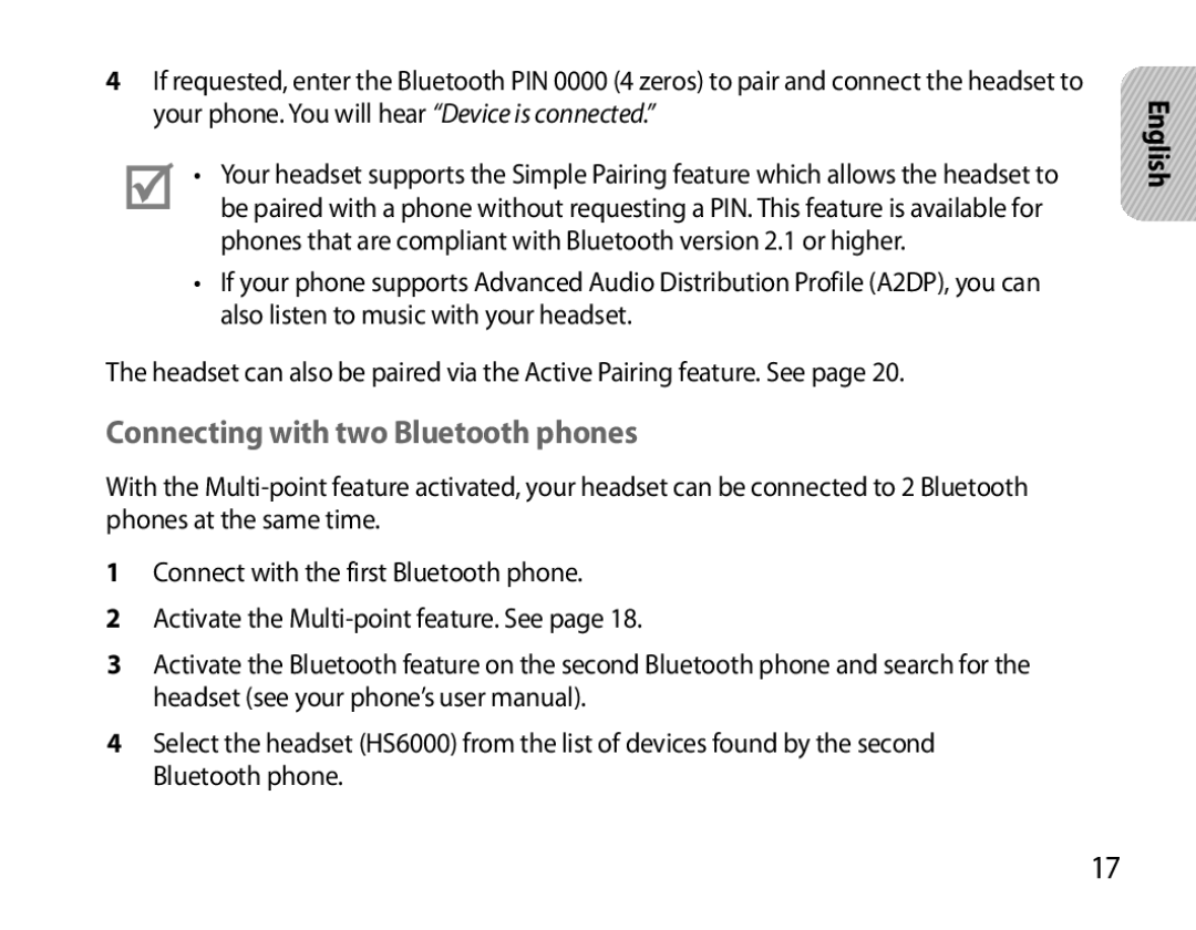 Samsung BHS6000EBECXEH, BHS6000EBECXEF, BHS6000EBECFOP, BHS6000EBECCRO, BHS6000EBECXEE Connecting with two Bluetooth phones 