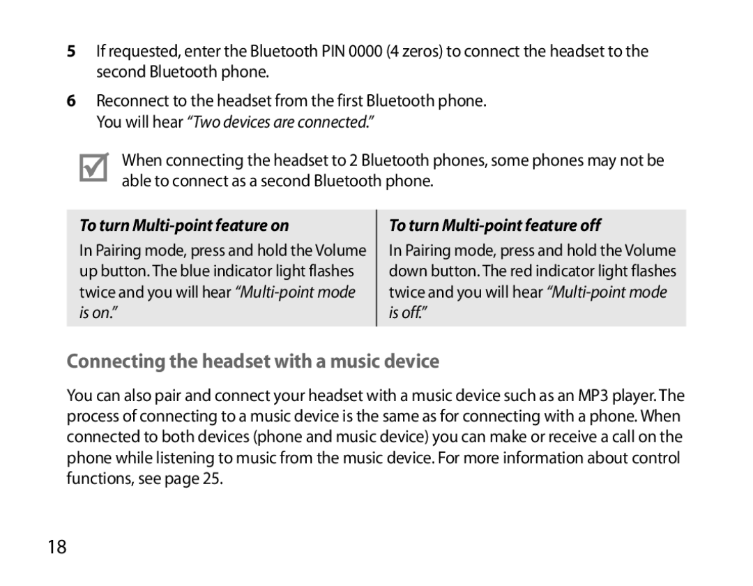 Samsung BHS6000EBECXEE, BHS6000EBECXEF manual Connecting the headset with a music device, To turn Multi-point feature on 