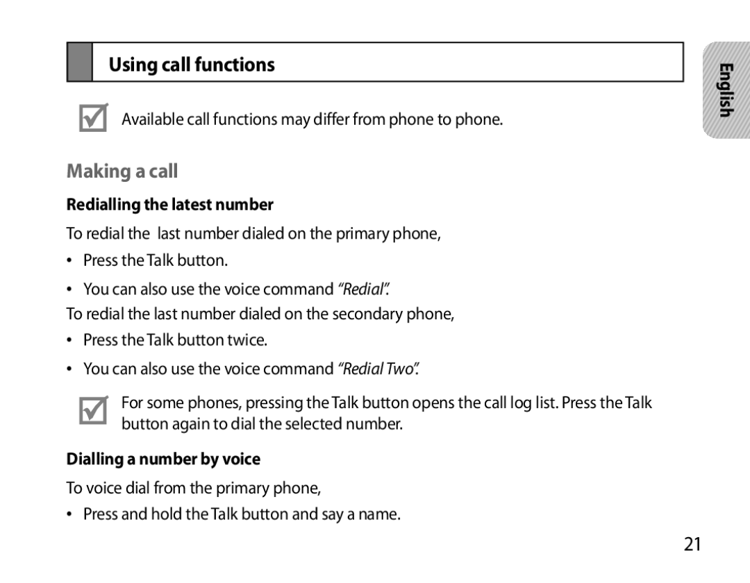 Samsung BHS6000EMECXEH manual Using call functions, Making a call, Redialling the latest number, Dialling a number by voice 